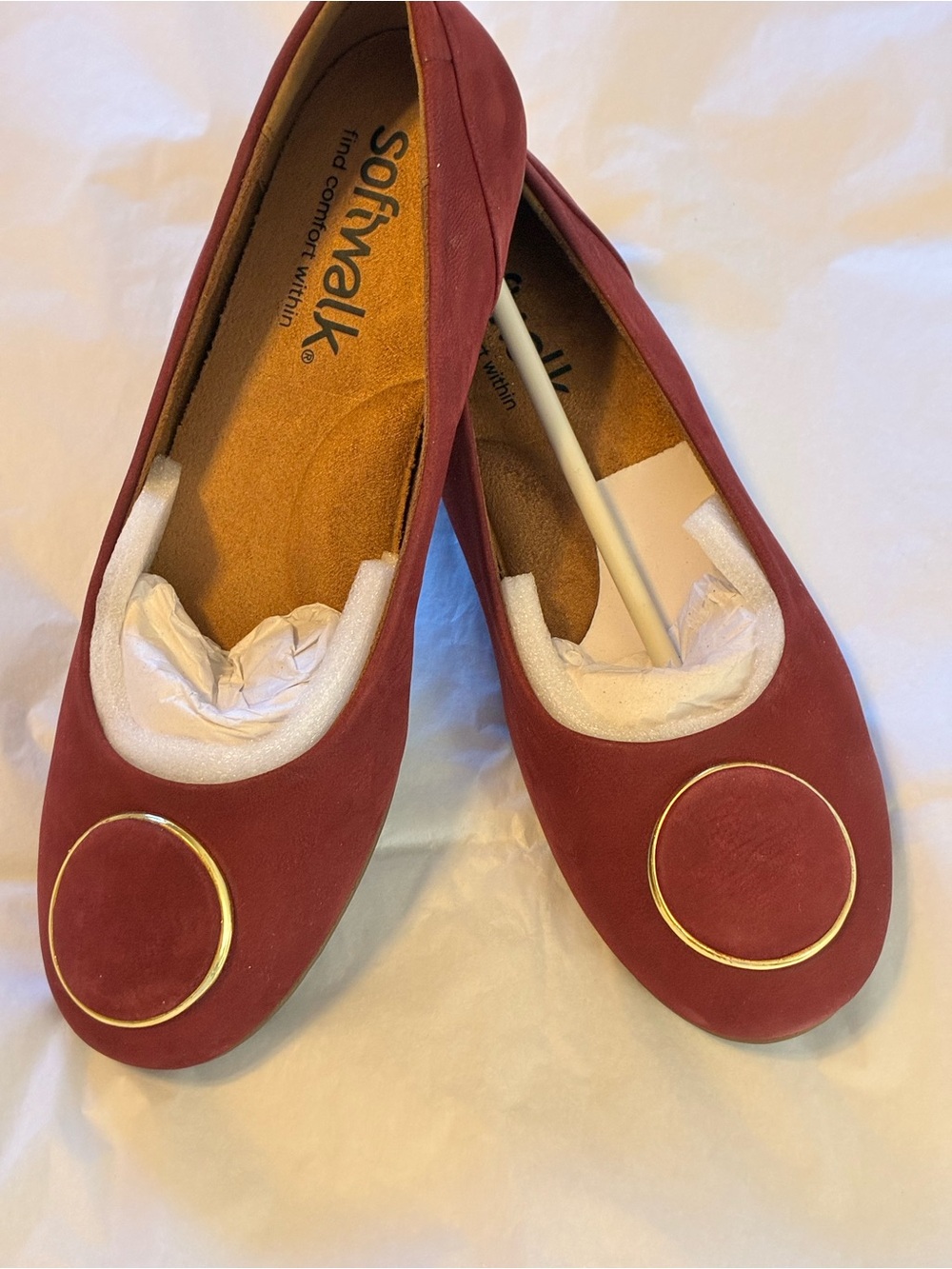 SoftWalk Women's Wine Red Flats with Gold Circle Accent